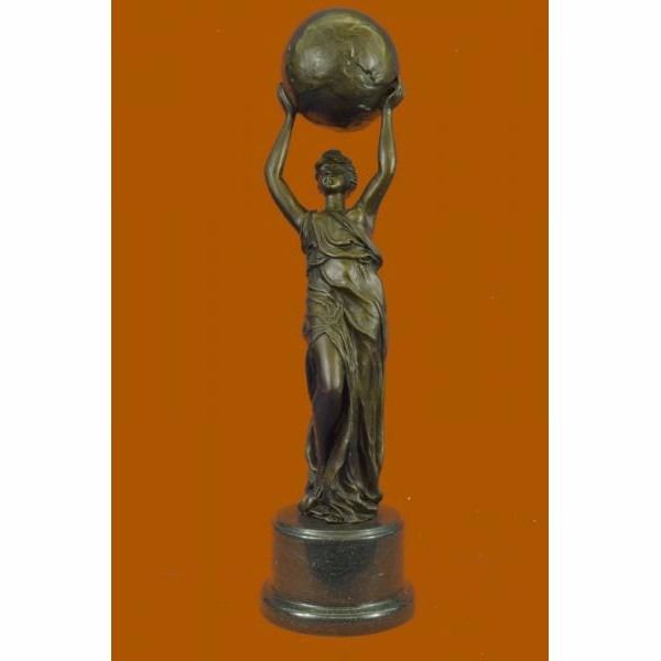 Nude Female Atlas Holding the World Bronze Sculpture Marble Base