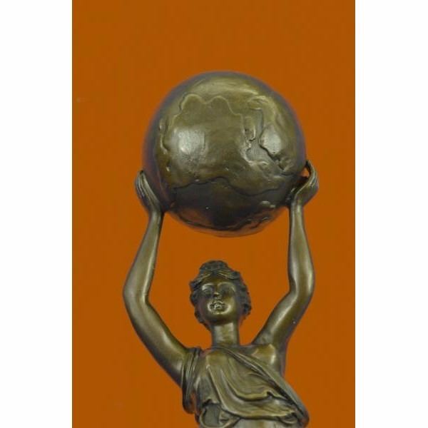Nude Female Atlas Holding the World Bronze Sculpture Marble Base