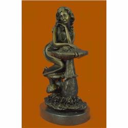 100% Real Bronze Statue Sitting Young Lady on Mushroom Figure Sculpture Art Deco