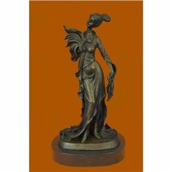 Real Bronze Metal Stone Statue Classical Victorian Woman Lady Feather Sculpture