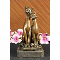 OLD CAT BRONZE SIGNED FIGURINE ON BASE CATS ART DECO TWO CAT SCULPTURE