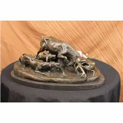 Signed Barye Elk Stag is Attacked by Pack of Wild Dogs Bronze Sculpture