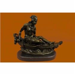 SIGNED DUCHOISELLEI NDIAN MAIDEN IN CANOE BRONZE ART DECO MARBLE BASE SCULPTURE