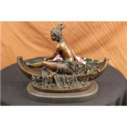 Elegant Classic Bronze Marble Statue Indian Native American Art Canoe