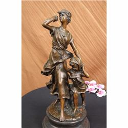 Signed Moreau Village Woman and Her Child Bronze Sculpture Marble Base