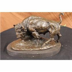 Signed American Buffalo Bull Bronze Sculpture on Marble Base by Barye Figure