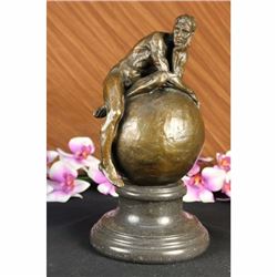 Nude Male Resting on Top of the World Bronze Sculpture Statue Marble Base