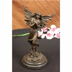 Jean Patoue Young Fairy Clutches Giant Heart Bronze Statue