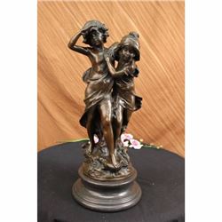 Signed Original Boy and girl Walking Outdoor Bronze Sculpture