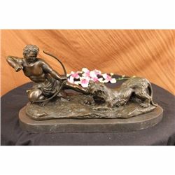 Signed Milo Man With Bow and Arrow Striking Lion Bronze Sculpture