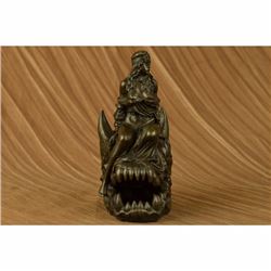 Signed Original Fisher Semi Nude Girl sitting on Skull of Demon Bronze Sculpture