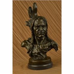NATIVE AMERICAN INDIAN WARRIOR CHIEF 100% BRONZE ON MARBLE SCULPTURE STATUE ART