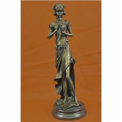 Signed Original French Jean Patoue Female Flute Player Bronze Sculpture Statue