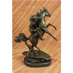 Signed Western Cowboy with Bucking Horse Bronze Sculpture Marble Base Figurine