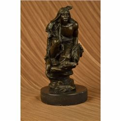Original Western Art Native American Warrior Relaxing Bronze Sculpture Statue NR