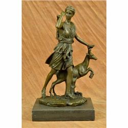 Signed Art Deco Mythical Diana the Hunter with Stag Deer Bronze Sculpture Statue