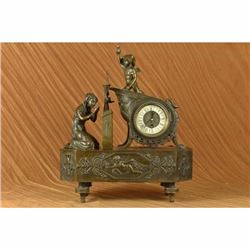 Signed Moreau French Mantle Clock of Maiden and Cupid Bronze Sculpture Statue