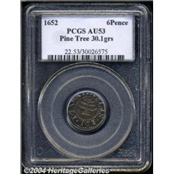 1652 6PENCE Pine Tree Sixpence AU53 PCGS.