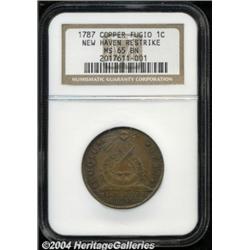 1787 1C Fugio Cent, New Haven Restrike, Copper MS65 Brown NGC.