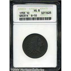 1793 1C Wreath Cent--Vine and Bars--VG8 ANACS.