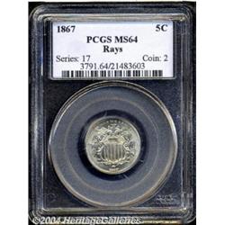 1867 5C Rays MS64 PCGS.