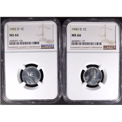 2-1943-D LINCOLN STEEL CENTS, NGC MS66