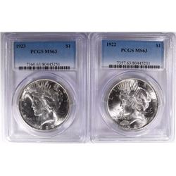 1922 & 1923 PEACE SILVER DOLLARS, PCGS-MS63