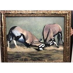 ORIGINAL OIL ON CANVAS – “STALEMATE” FIGHTING GEMSBOK