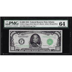 1934 $1,000 Mule Federal Reserve Note Atlanta PMG Choice Uncirculated 64