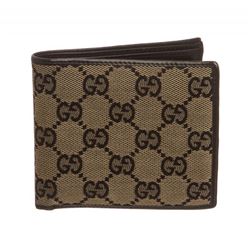 Gucci Beige Monogram Canvas Black Leather Bi Fold Wallet