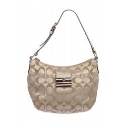 Coach Beige Monogram Canvas White Leather Trim Baguette Shoulder Handbag