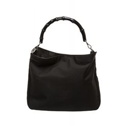 Gucci Black Woven Fabric Bamboo Handle Strap Shoulder Bag