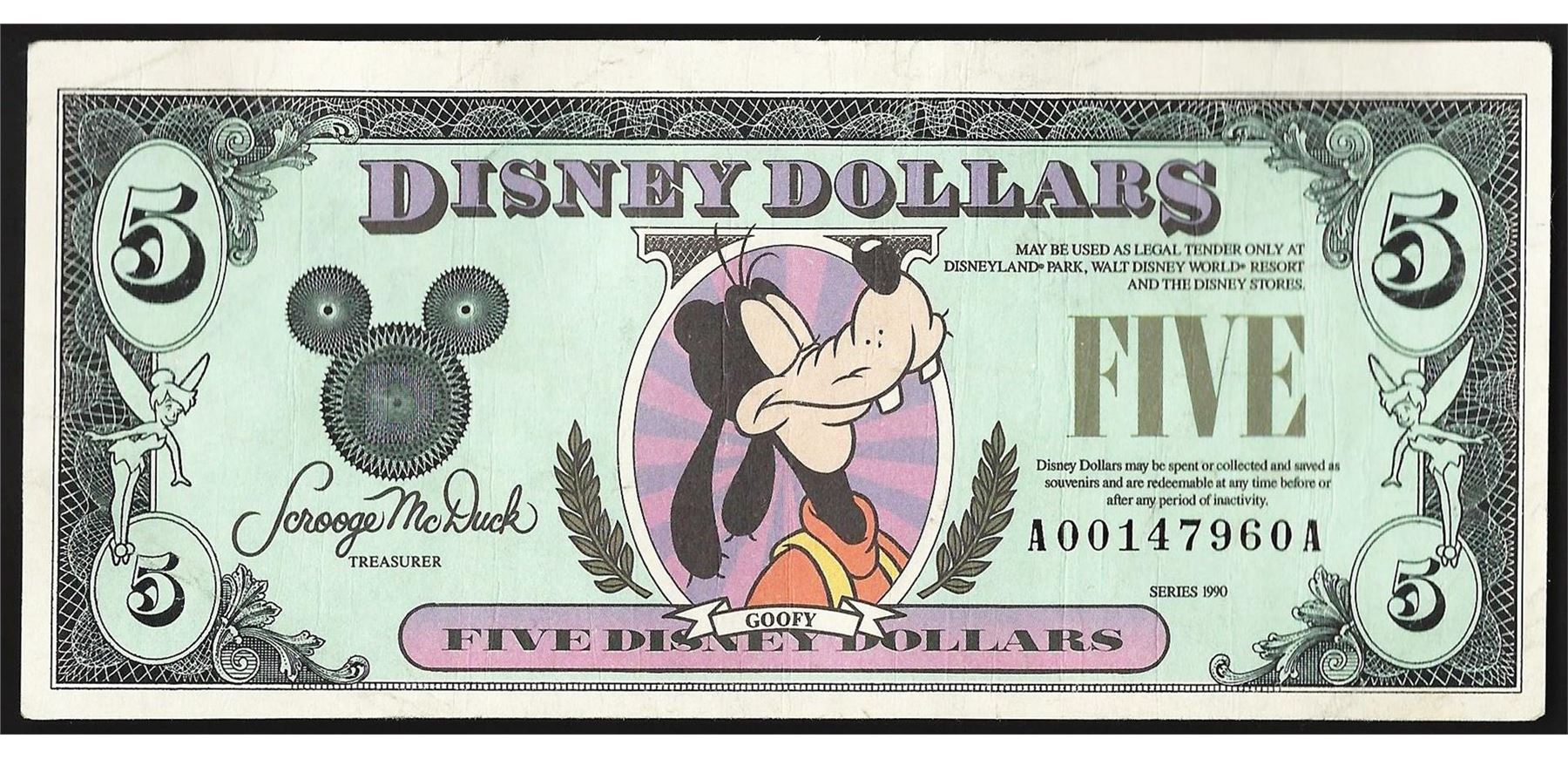 1990 $5 Disney Dollars Note