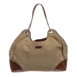 Gucci Brown Beige Canvas Leather Hobo Shoulder Bag