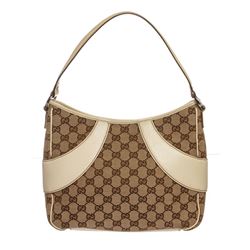Gucci White Brown Canvas Leather Monogram Shoulder Bag