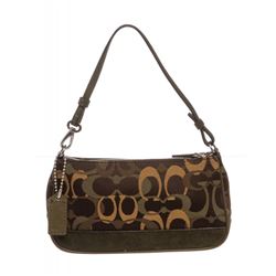 Coach Blue Monogram Canvas Tan Leather Trim Pochette Shoulder Handbag