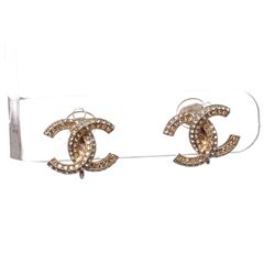 Chanel CC Gold Tone Crystal Clip On Earrings