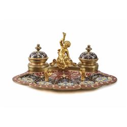 French Champleve Enamel & Gilt Bronze Inkwell