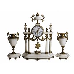 3pc French Bronze & White Marble Clock Garniture