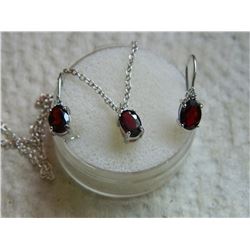 NEW EARRINGS & NECKLACE SET - 3CT OVAL FACETED GARNET & DIAMONDS IN STERLING SILVER SETTING - INCLUD
