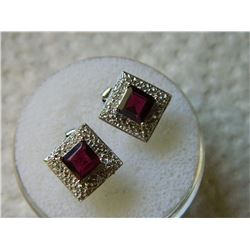 EARRINGS - NEW PRINCESS FACETED GARNET & 2 ROUND FACETED DIAMONDS IN STERLING SILVER SETTING - RETAI