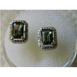 EARRINGS - EMERALD FACETED MYSTIC TOPAZ & DIAMONDS IN STERLING SILVER SETTING - RETAIL ESTIMATE $350