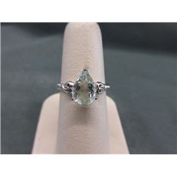 RING - PEAR FACETED GREEN AMETHYST & 2 DIAMONDS IN STERLING SILVER SETTING - TEXTURED BAND - RETAIL 