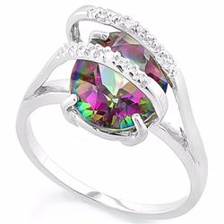 **** FEATURE ITEM**** RING - 3 1/5 CARAT MAGIC RAINBOW MYSTIC TOPAZ & 2 ROUND FACETED DIAMOND IN EXO