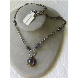 NECKLACE -- AMETHYST GEMSTONE PENDANT ON STERLING SILVER CHAIN  - STAMPED 925 - WITH AMETHYST ACCENT