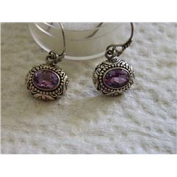EARRINGS - AMETHYST IN VICTORIAN DESIGN STERLING SILVER SETTING - FRENCH HOOKS - STAMPED 925