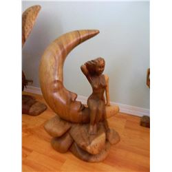 HAND CRAFTED SOLID WOOD CARVING - LADY IN MOON - 18" TALL - RETAIL $390