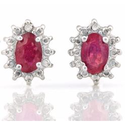 EARRINGS -  1 1/3  CTW OVAL FACETED AFRICAN CARDINAL RED RUBY & 2 ROUND FACETED DIAMONDS IN 925 STER
