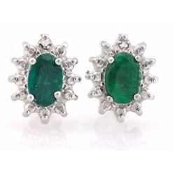 EARRINGS -  1 1/3  CTW OVAL FACETED ENHANCED GENUINE RICH GREEN EMERALD & 2 ROUND FACETED DIAMONDS I