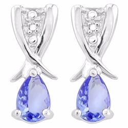 EARRINGS -  3/4 CARAT PEAR FACETED TANZANITE & 2 DIAMONDS IN 925 STERLING SILVER SETTING - RETAIL ES